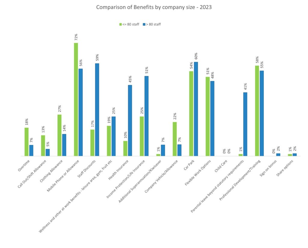 New Zealand Salary Survey - Comparison of benefits by company size.